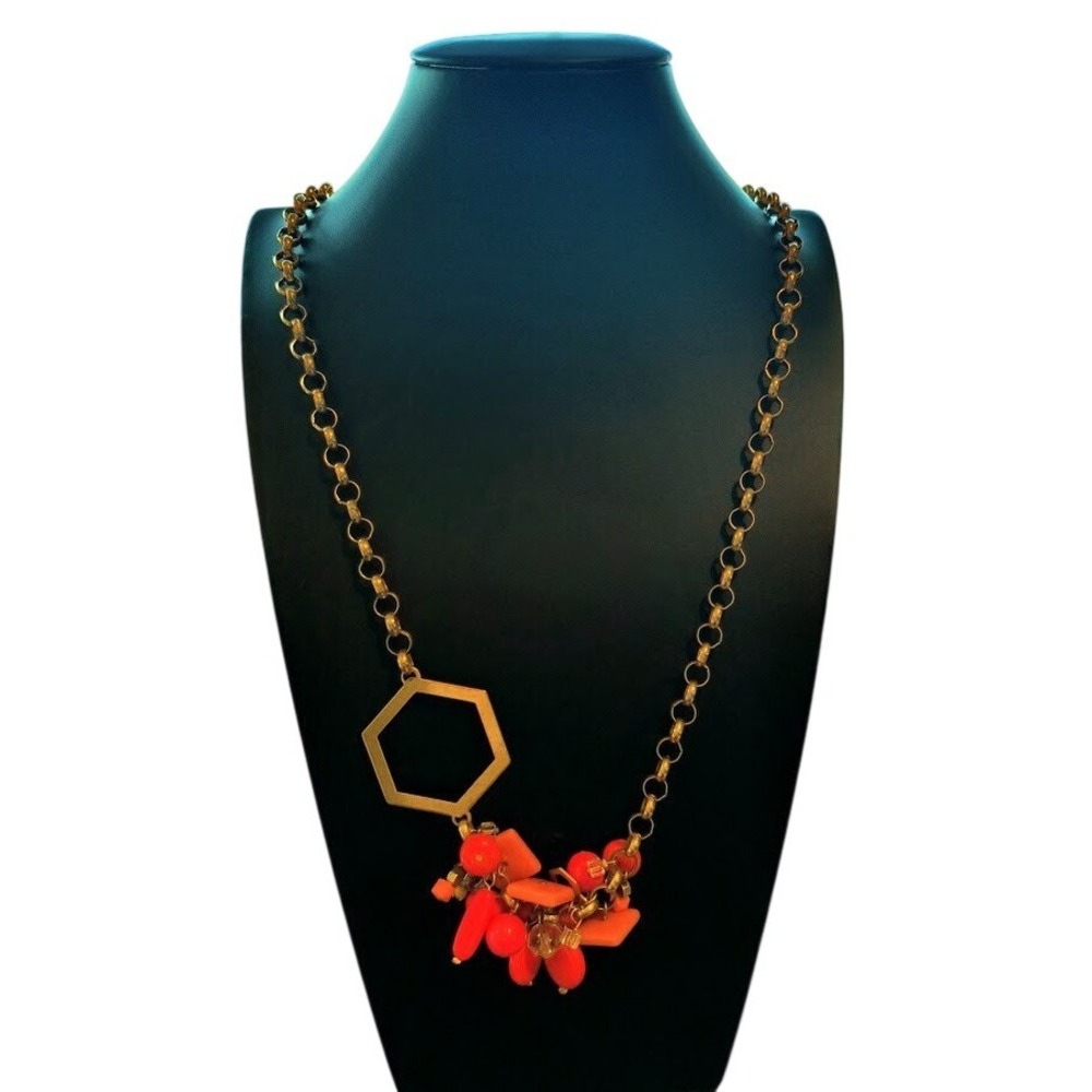 Gold‎ Tone Orange Pink Geometric Bead Hexagon Charm Toggle Necklace 18 Inch
